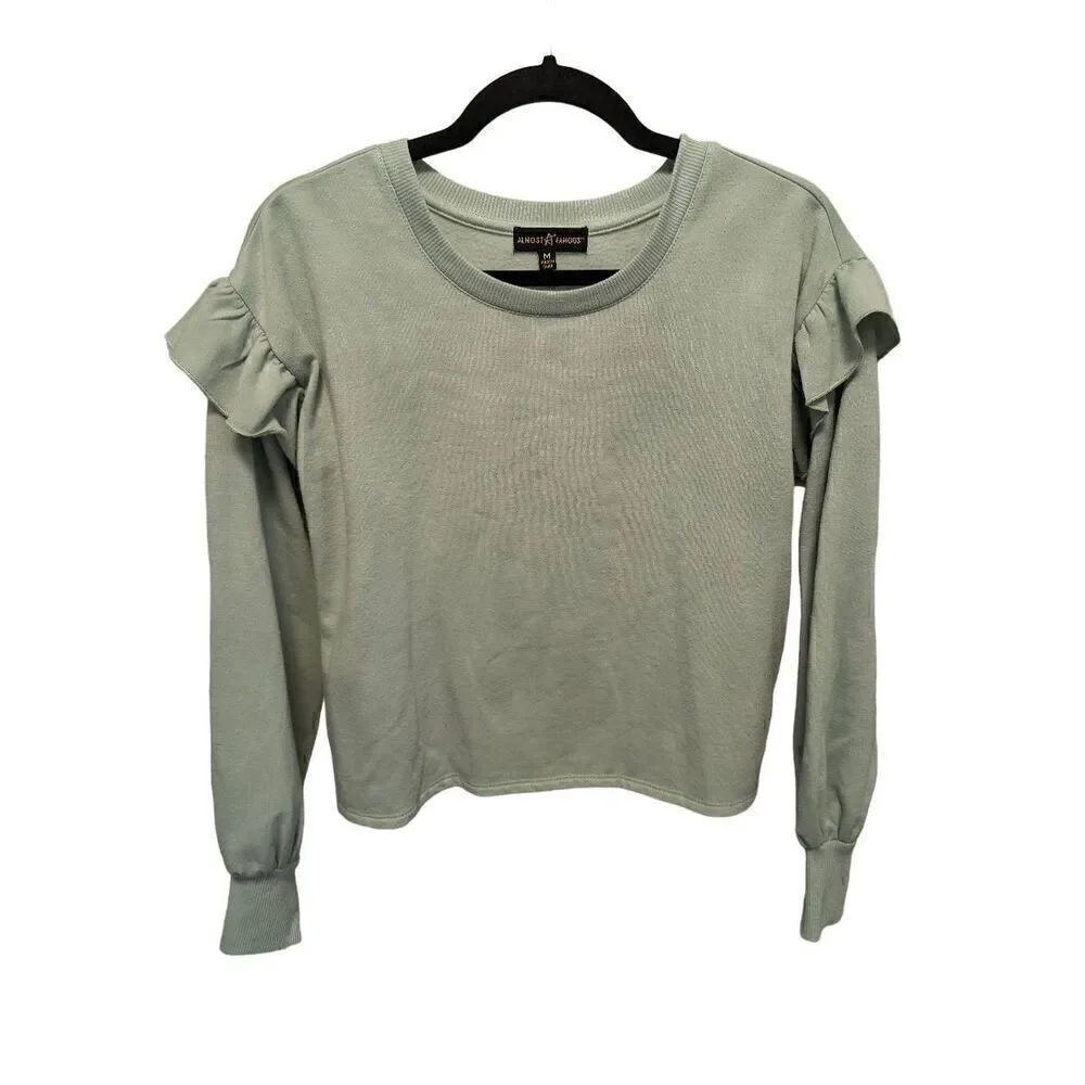 Almost Famous Gray Cropped Detail Ruffled Long Sleeve Sweater Women's Size Mediu